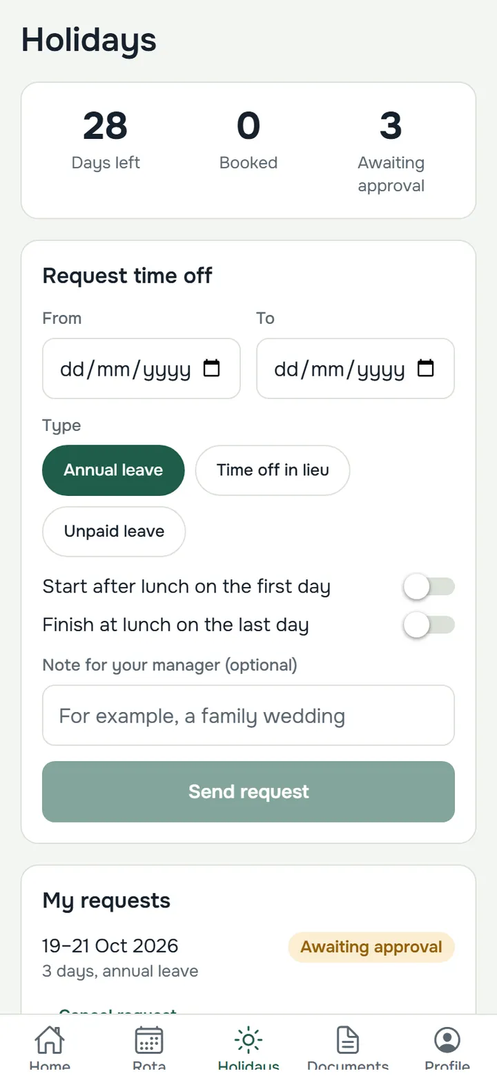 The staff app holidays screen: days left and a form to request time off