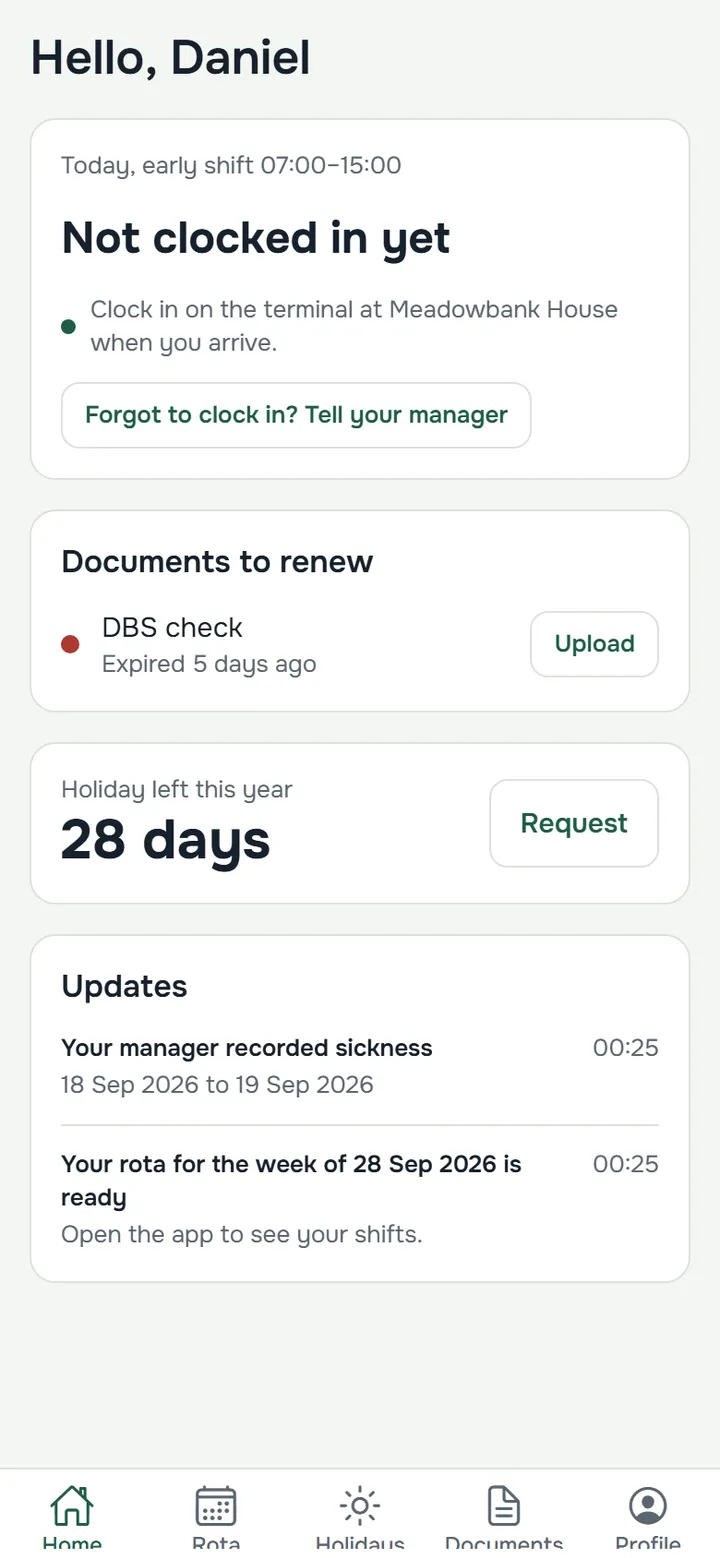 The staff app home screen: today's shift, documents to renew and holiday left
