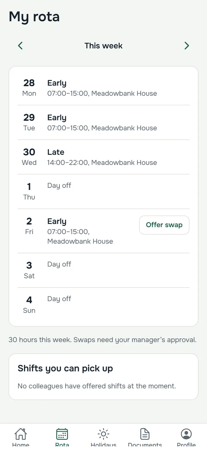 The staff app rota: this week's shifts with an option to offer a swap