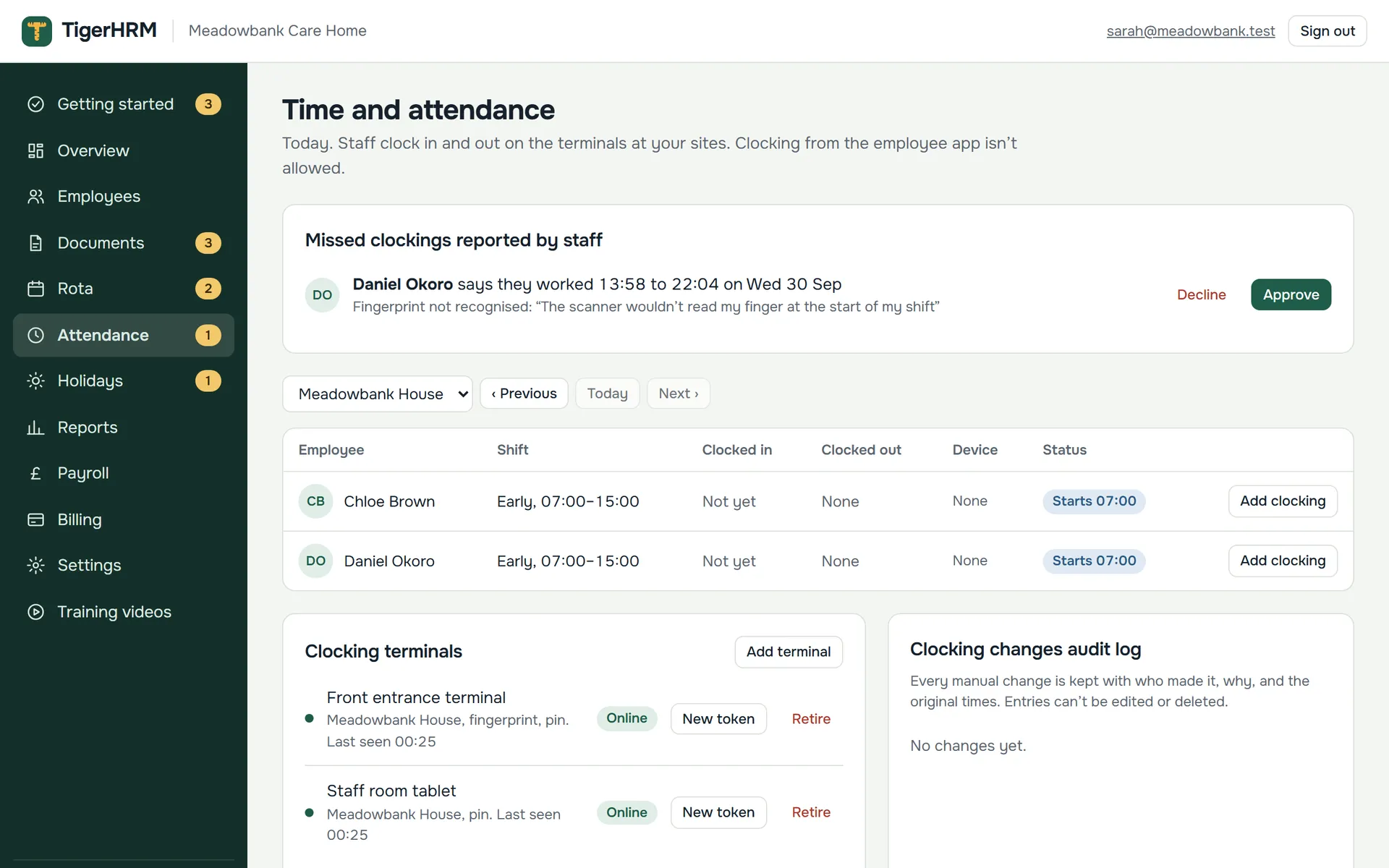 Time and attendance: today's shifts, clock-ins, missed clockings to approve and clocking terminals