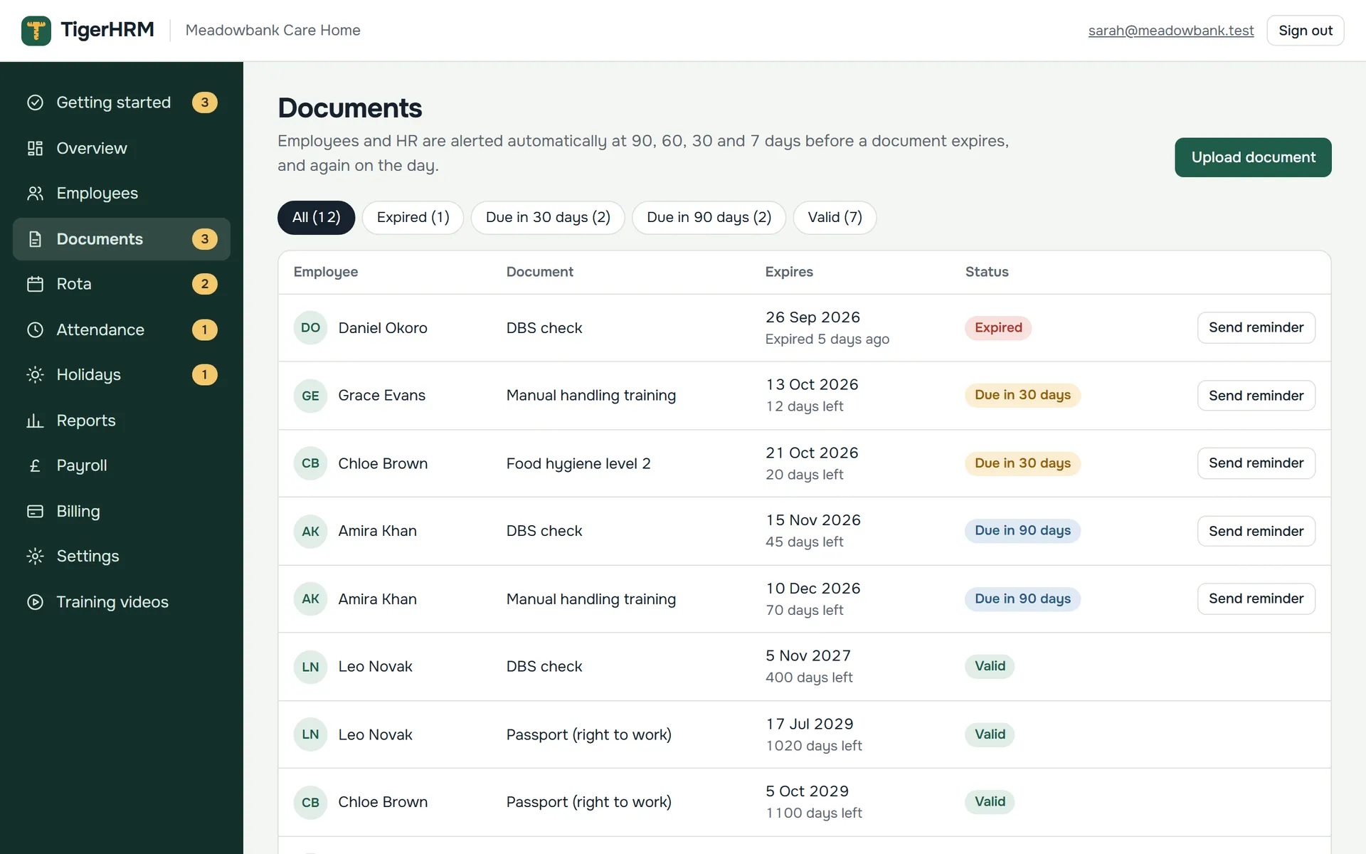 The documents page listing expired, due and valid documents for every employee