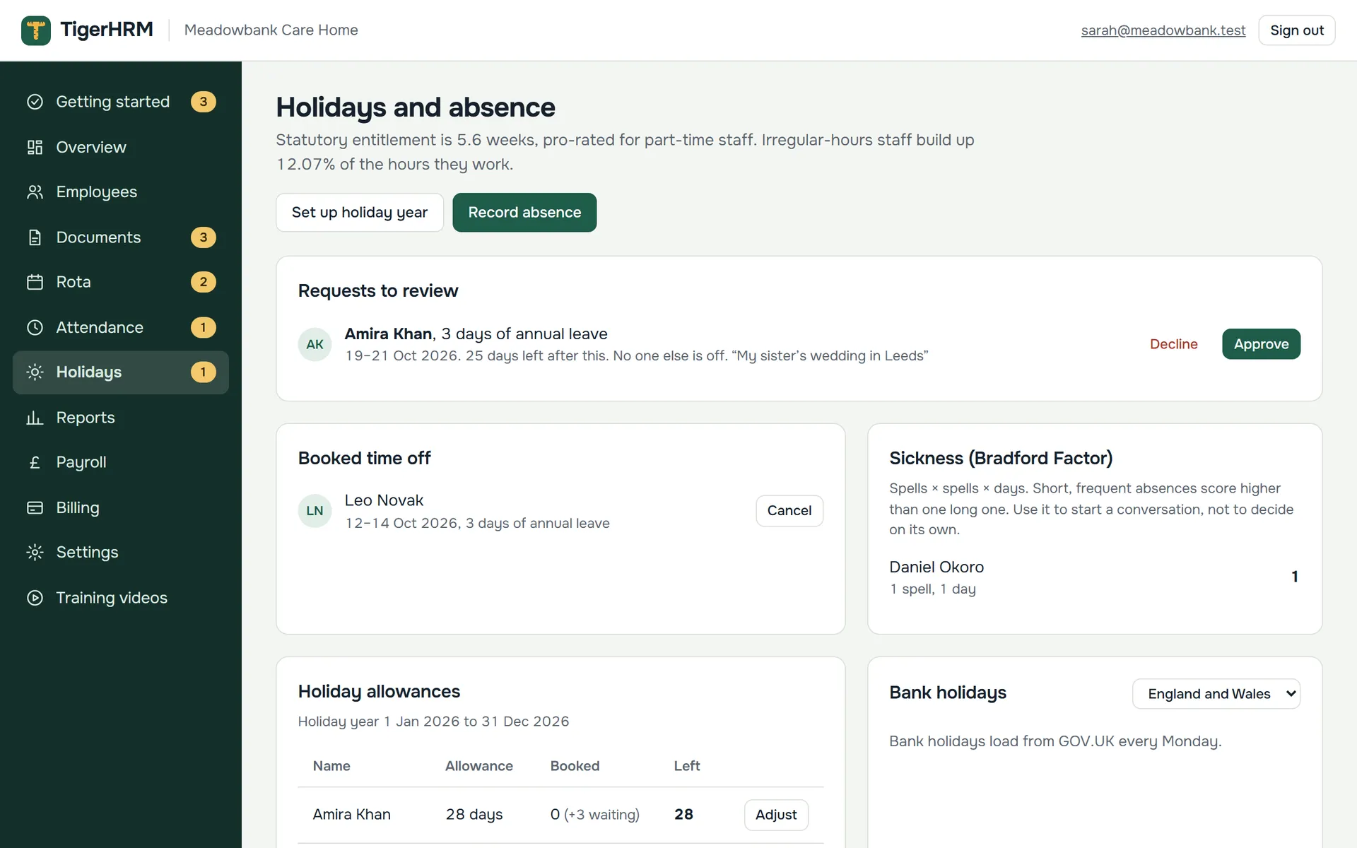 Holidays and absence: requests to review, booked time off, sickness and holiday allowances