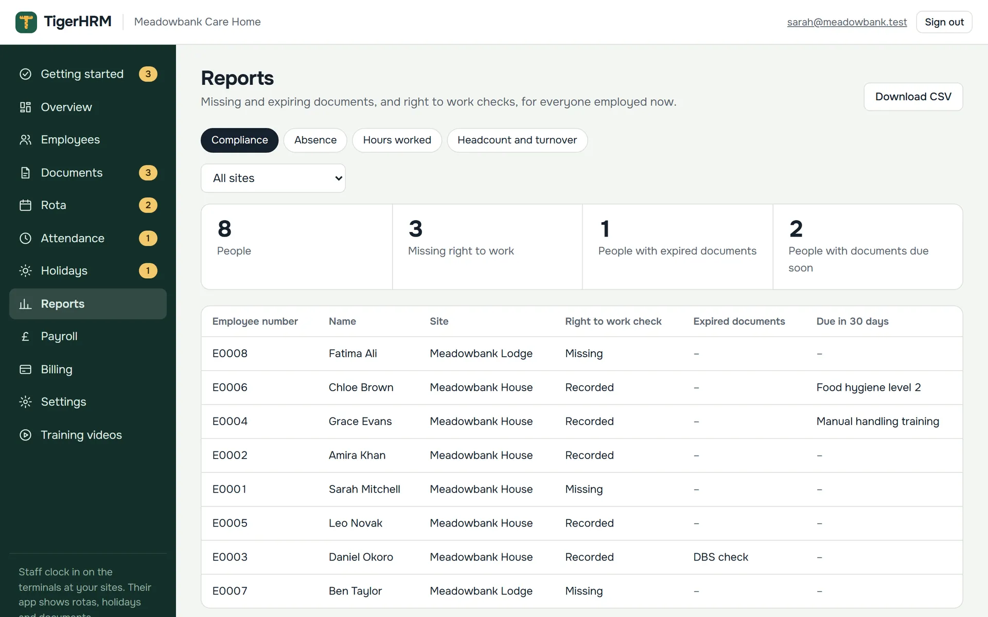 The compliance report showing right to work checks and expiring documents for every employee